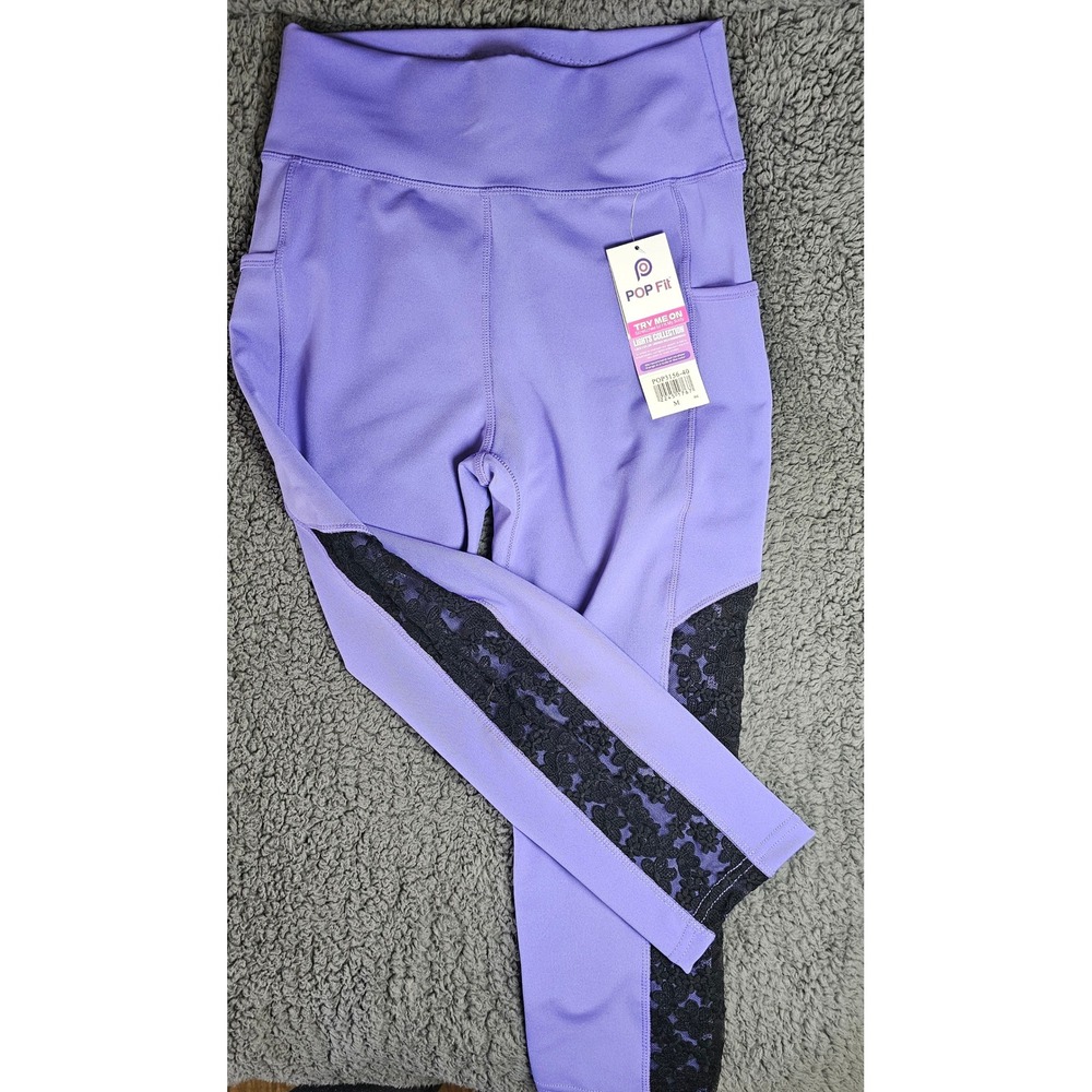 Pop Fit Lily Lights Purple Lace Mesh Pocket Leggings Cropped Womens Medium